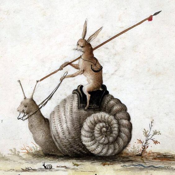A rabbit riding a snail (17th century art)