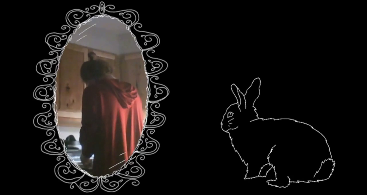 A black rabbit against a Void background, looking into a mirror that shows a young man putting something in a bowl