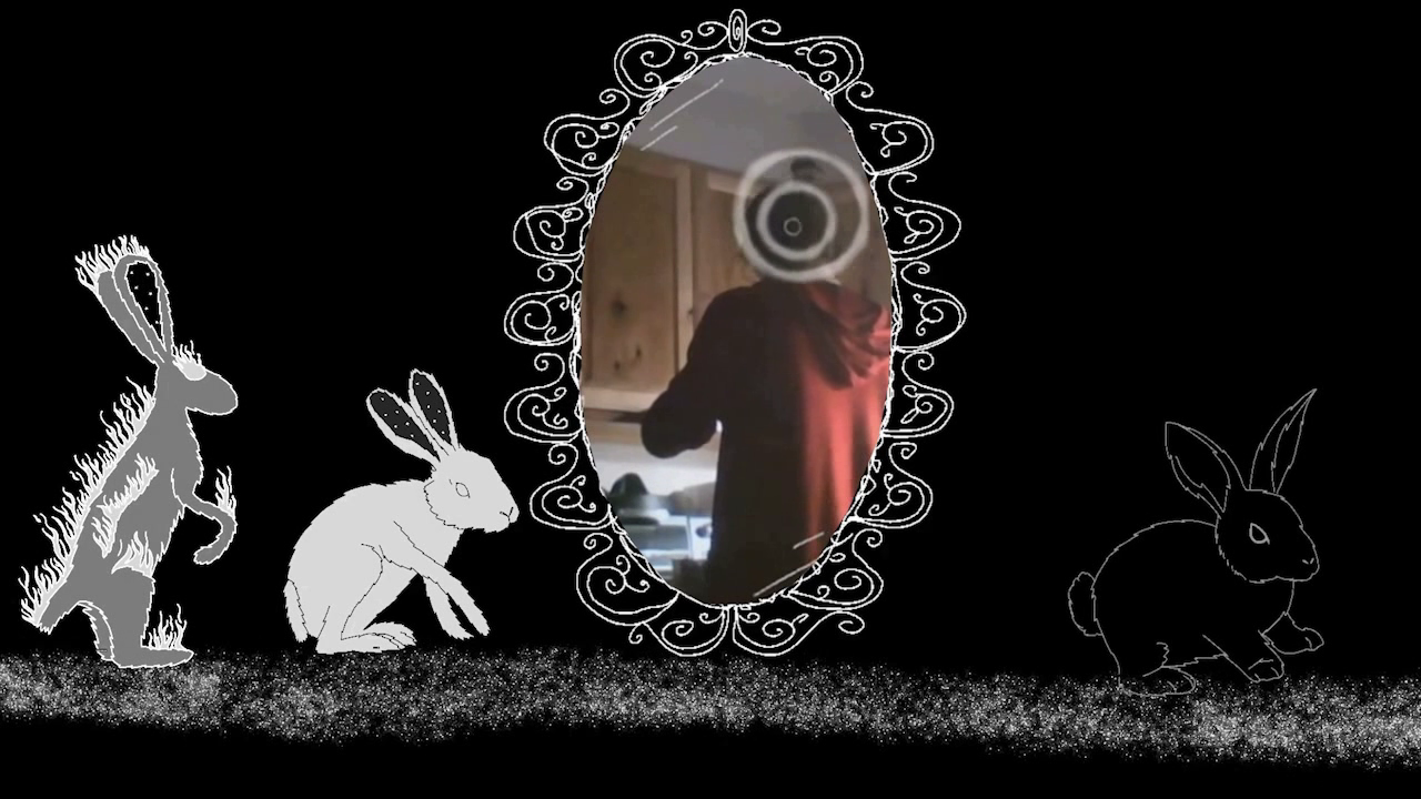 Two cosmic bunnies looking into a Mirror, which is showing a young man, with radar circles around his head, putting something in a bowl. A third bunny looks away