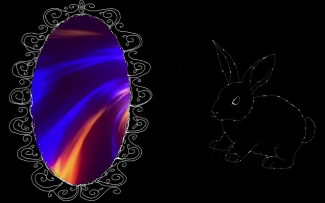 A black rabbit, barely visible against a Void, stares into a mirror showing swirls of colour
