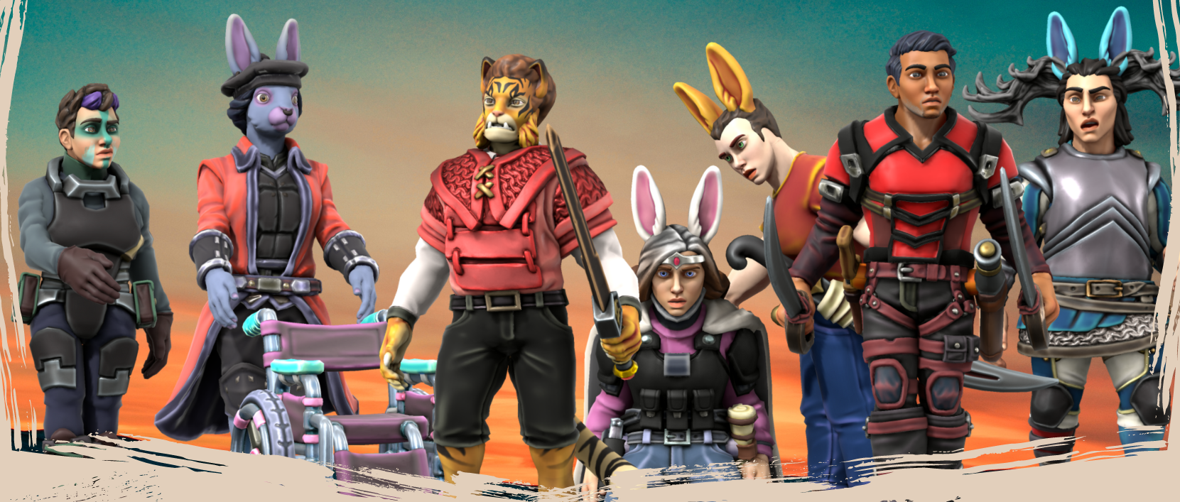 Humans, people with bunny ears and an anthropomorphic tiger gather around a woman with bunny ears who has collapsed with concerned expressions. An anthropomorphic rabbit brings a wheelchair.