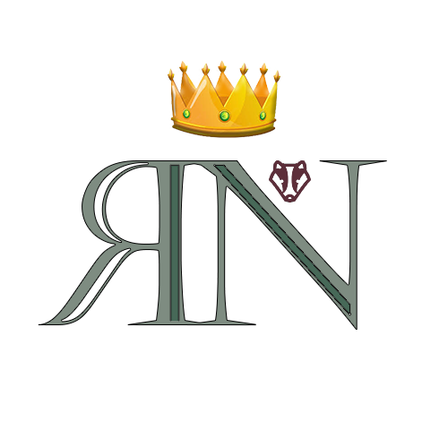 Royal Monogram of King Nikolas & King Consort Realm: An R backwards against an N in Meles greens, with a maroon badger head near the top of the N, surmounted by a crown with green jewels