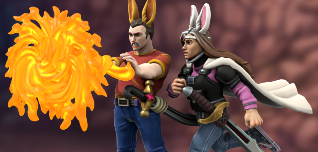 Two people with bunny ears -- one is creating a magic portal, the other is running towards it