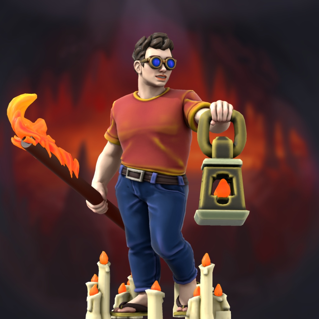 A figurine of a person with short-cropped hair and sunglasses, holding a flaming staff and a lantern, with many candles at their feet, in a cave