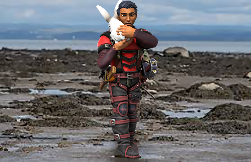 A well-armed Filipino man carrying a white rabbit gently from a blasted beach