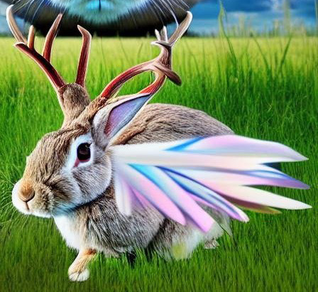 A silvery rabbit with antlers and colourful feathered wings in a meadow