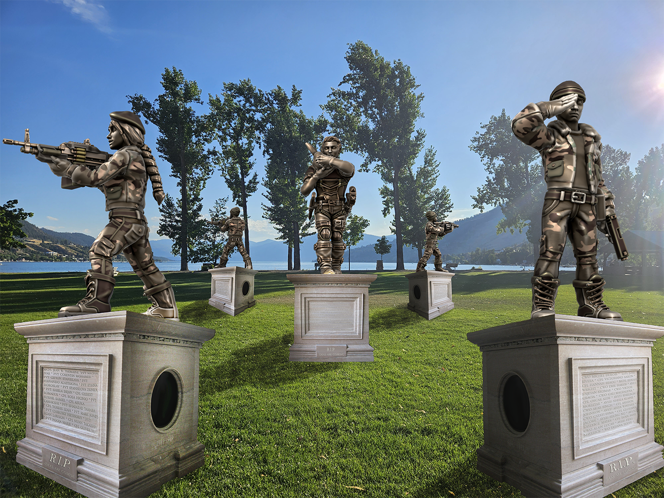 Five bronze statues on stone plinths in a park by a lake on a sunny summer day; the corner statues of soldiers, the center statue of a man with many swords carrying a rabbit gently on his shoulder