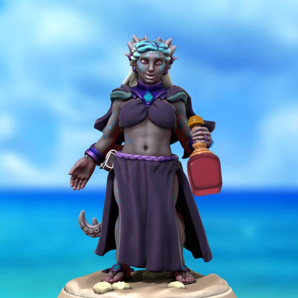 An aquatic person in purple velvet, carrying a bottle of brandy
