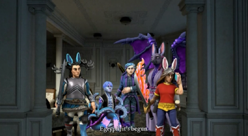 Two people with bunny ears, a dragon with bunny ears, a person, and a kraken, preparing for a magical battle