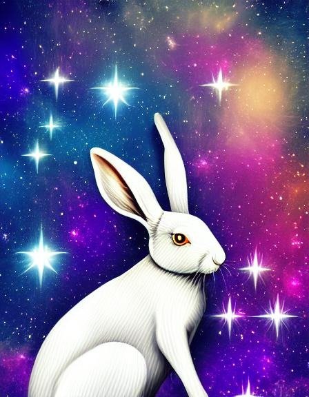 A white hare with golden and pink eyes starry eyes, against a starry background