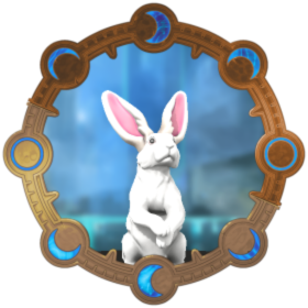 A glowing white hare with starry eyes, surrounded by a celestial frame