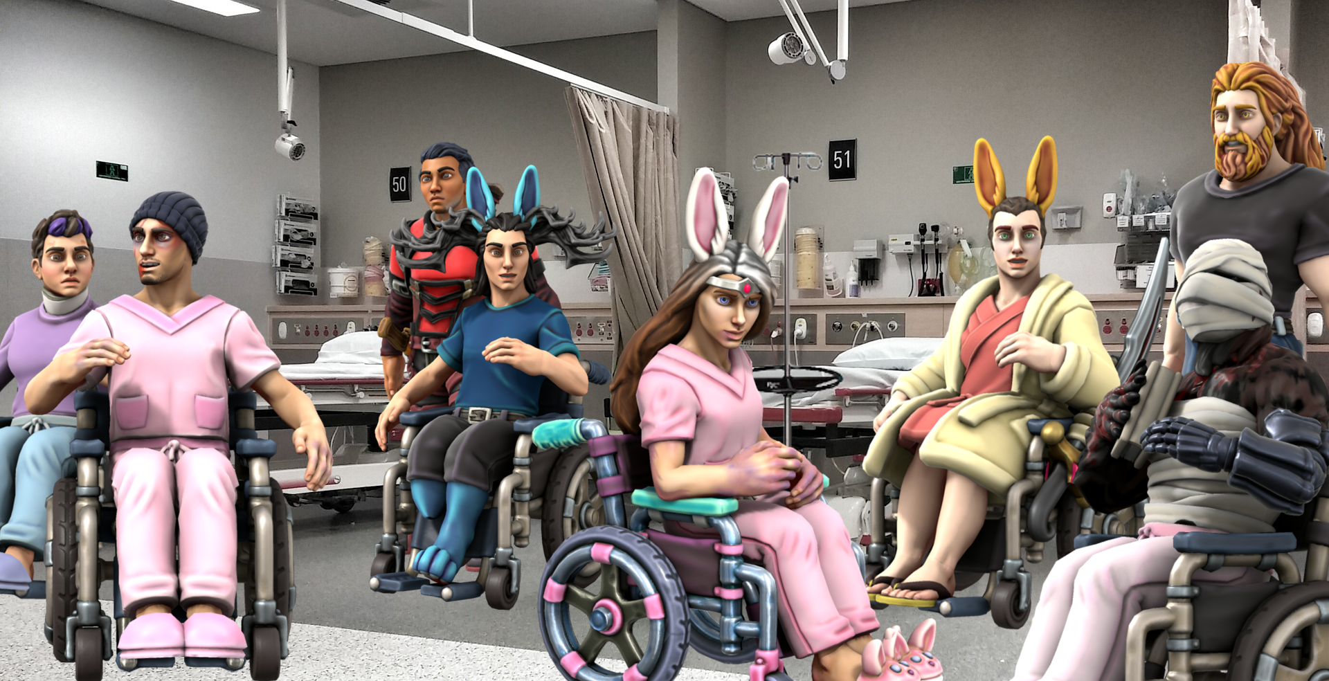 Several people in a hospital in wheelchairs, some with rabbit ears