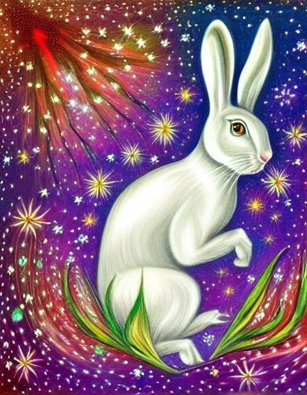 A shining white rabbit with a shapeshifted hand against a starry background and pomegranate foliage