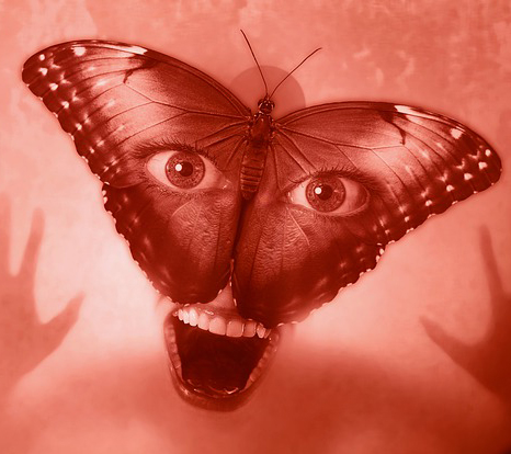 A disturbing creature with a moth and oversized teeth as a face