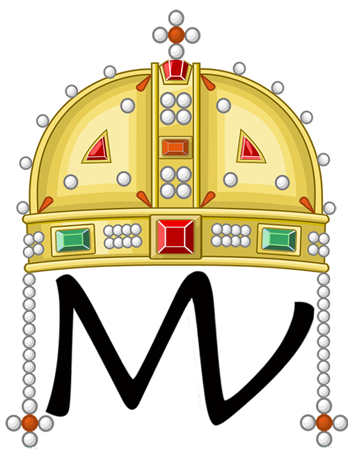 Royal Cypher of Archon Mykola: A Byzantine crown with Woodlander coloured jewels, surrounding and surmounting a plain black conjoined MV