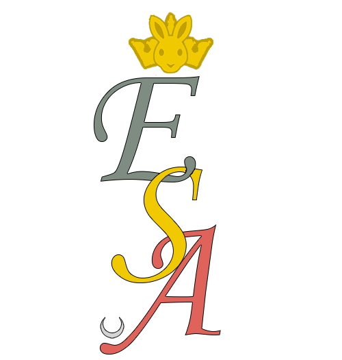 Royal Monogram of Queen Sable and Prince Consort Erin Righ; an E in Meles green, entwined with an S in gold and an A in Lapin pink, with a silver horned crescent at the A's tail, surmounted by a bunny crown