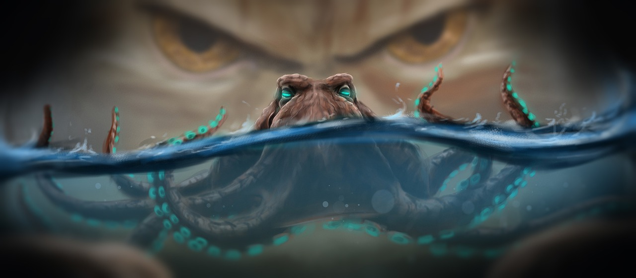 A kraken peeking out of the water, with sinister eyes in the background