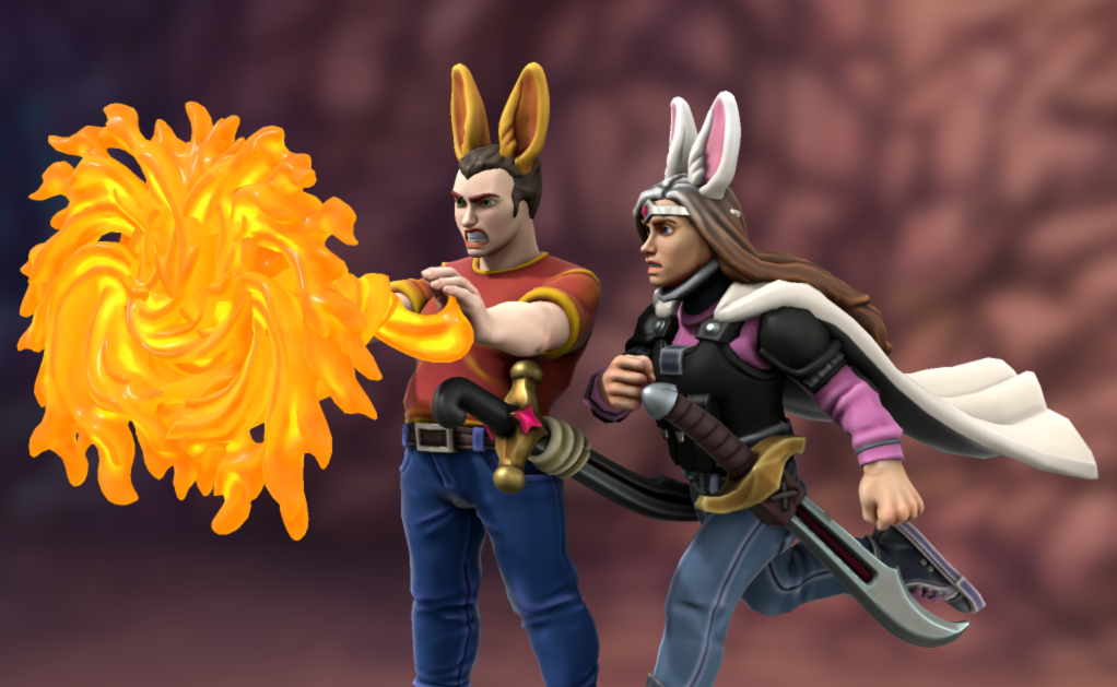 Two people with bunny ears -- one is creating a magic portal, the other is running towards it