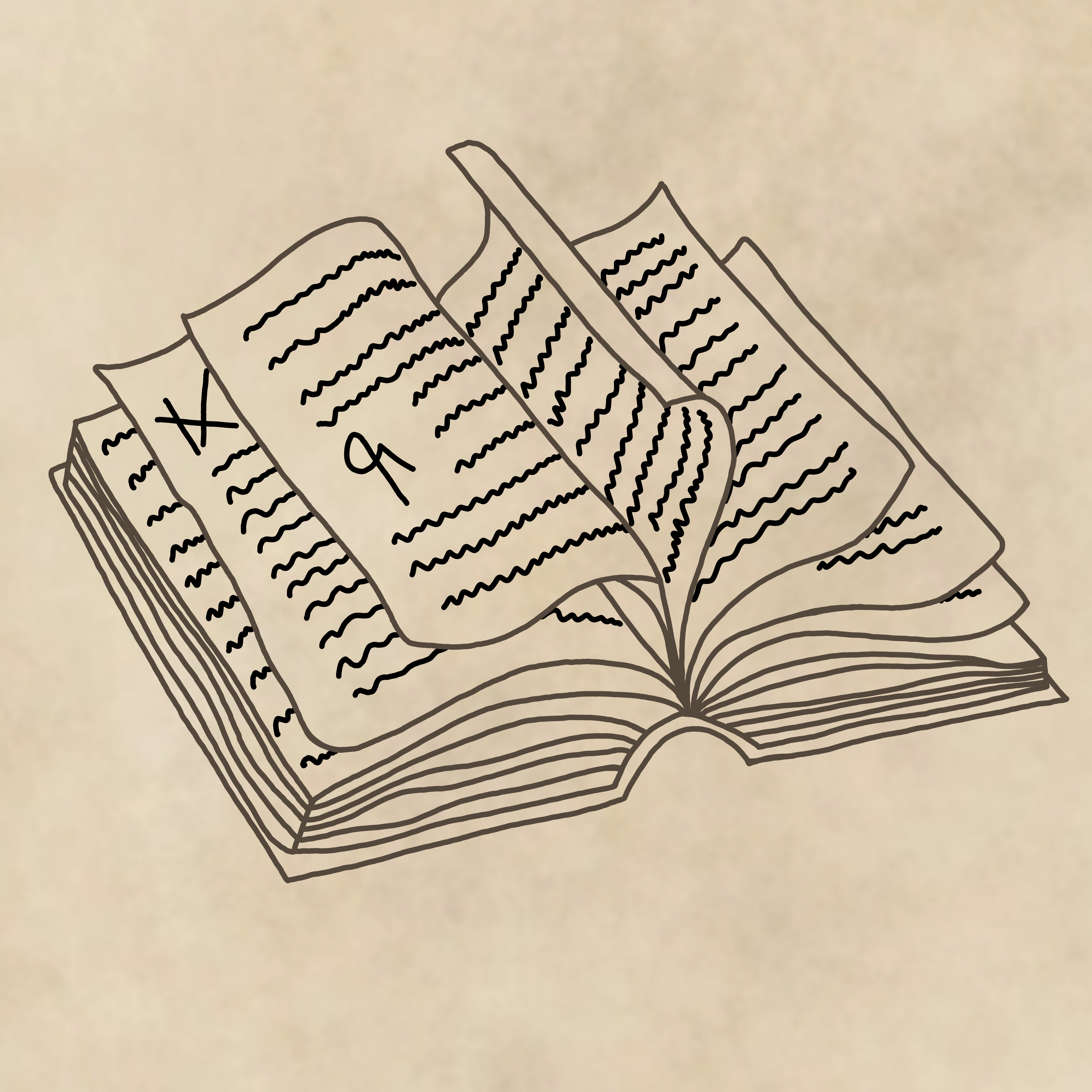 A drawing of an open Tome with writing and drop caps on the pages