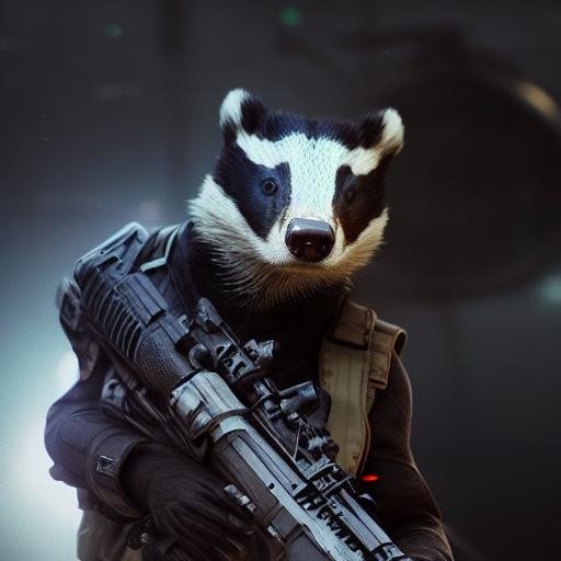 A badger in modern military gear, carrying a rifle