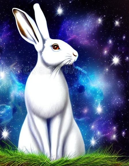 A white hare with golden and pink starry eyes, gazing into a starry heaven from the grass