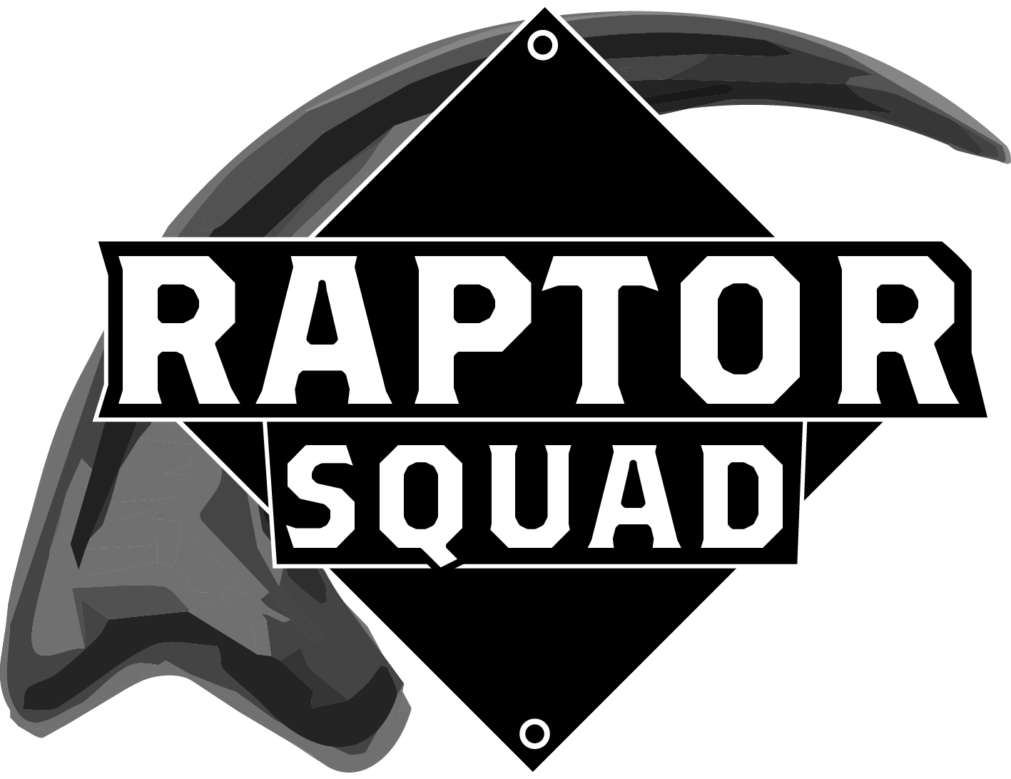 A giant sharp tooth next to a black diamond with text "Raptor Squad"