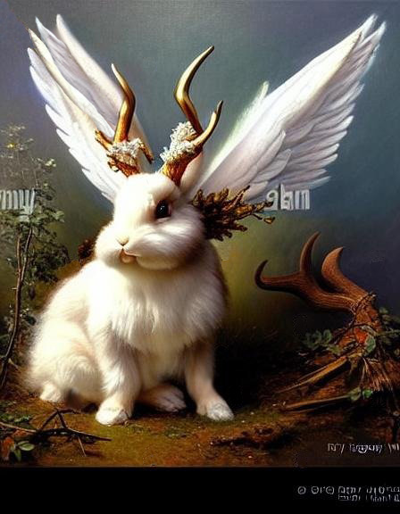 A painting of a fluffy white rabbit with white wings, marked with text