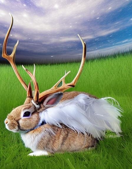 An orange and white rabbit with antlers and fluffy white wings in a meadow