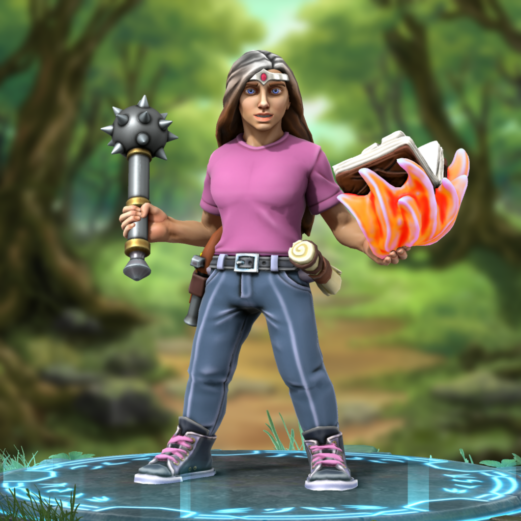 A figure of a woman with long, brown salt-and-pepper hair, wearing jeans and a pink T-shirt, standing in a summoning circle. She carries a mace and a book swirling with pink magic.