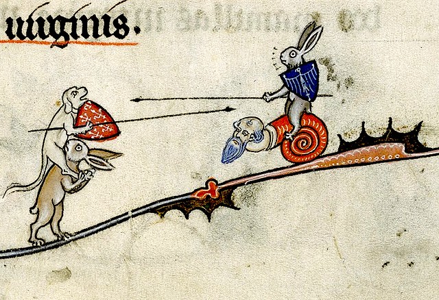 Medieval illustration of Hybrid snail ridden by Hare jousting a dog riding a Hare