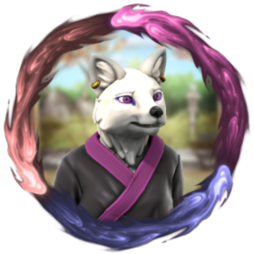 An anthropomorphic white fox in a kimono in a purple fire frame