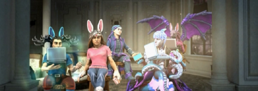 Three humans, two with bunny ears and one with antlers, a human/squid creature, and an anthropomorphic dragon-bunny, all with phones and laptops, glowing with magical energy