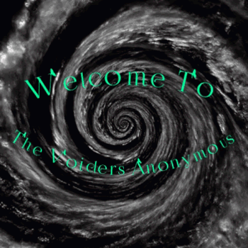 A spiraling grey galaxy on an endless loop. Text: "Welcome to the Voiders Anonymous"