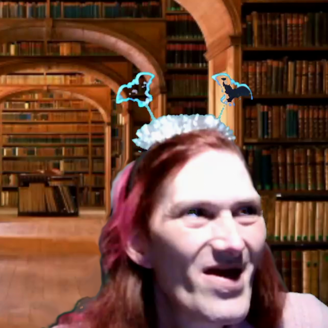 A woman with a bat-tipped crown in the foreground of a giant library