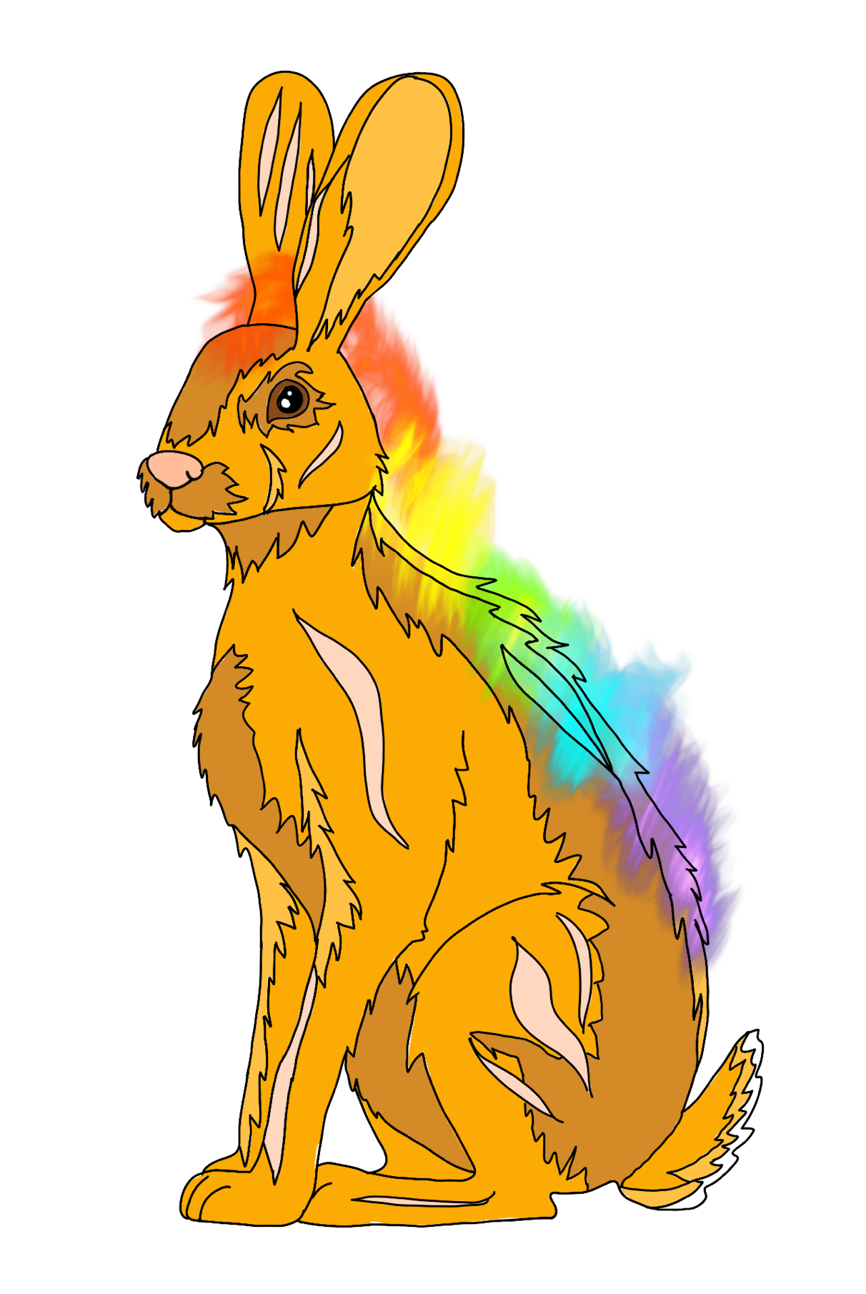 A scarred orange rabbit burning with rainbow flame