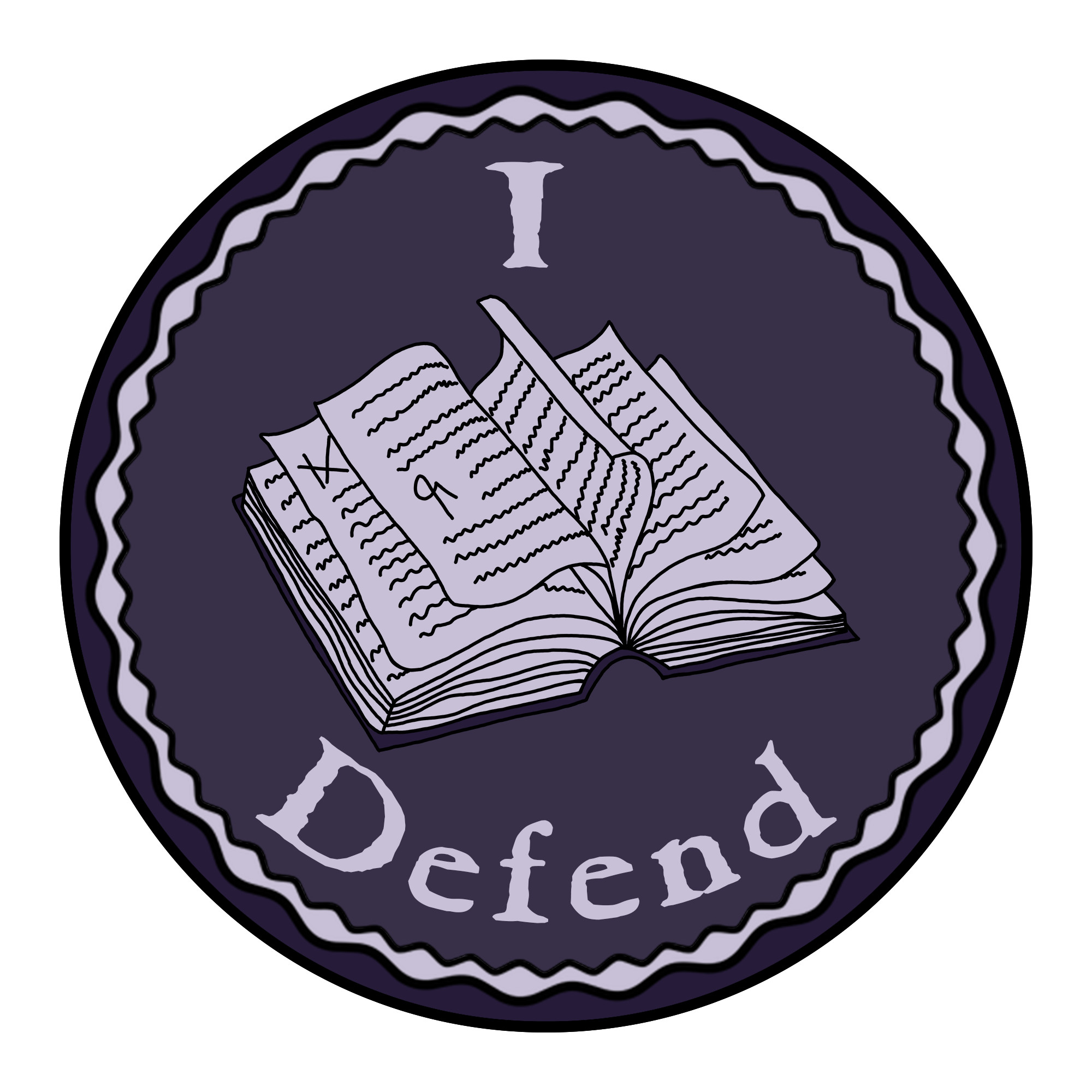 A badge or medal of a book - the Iron Tome - on a navy background. Text: 