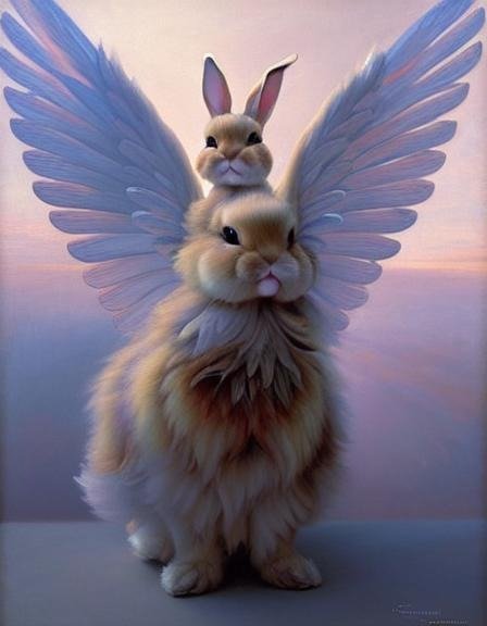 A winged rabbit with a young rabbit on its back