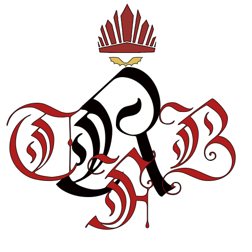 Royal Cypher of Queen Tara: A gothic black R surrounded by the red letters TFB, surmounted by a golden bat and a red crystal crown