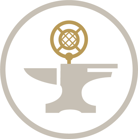 A logo of an ivory anvil with an old-fashioned gold microphone on top of it, surrounded by an ivory circle