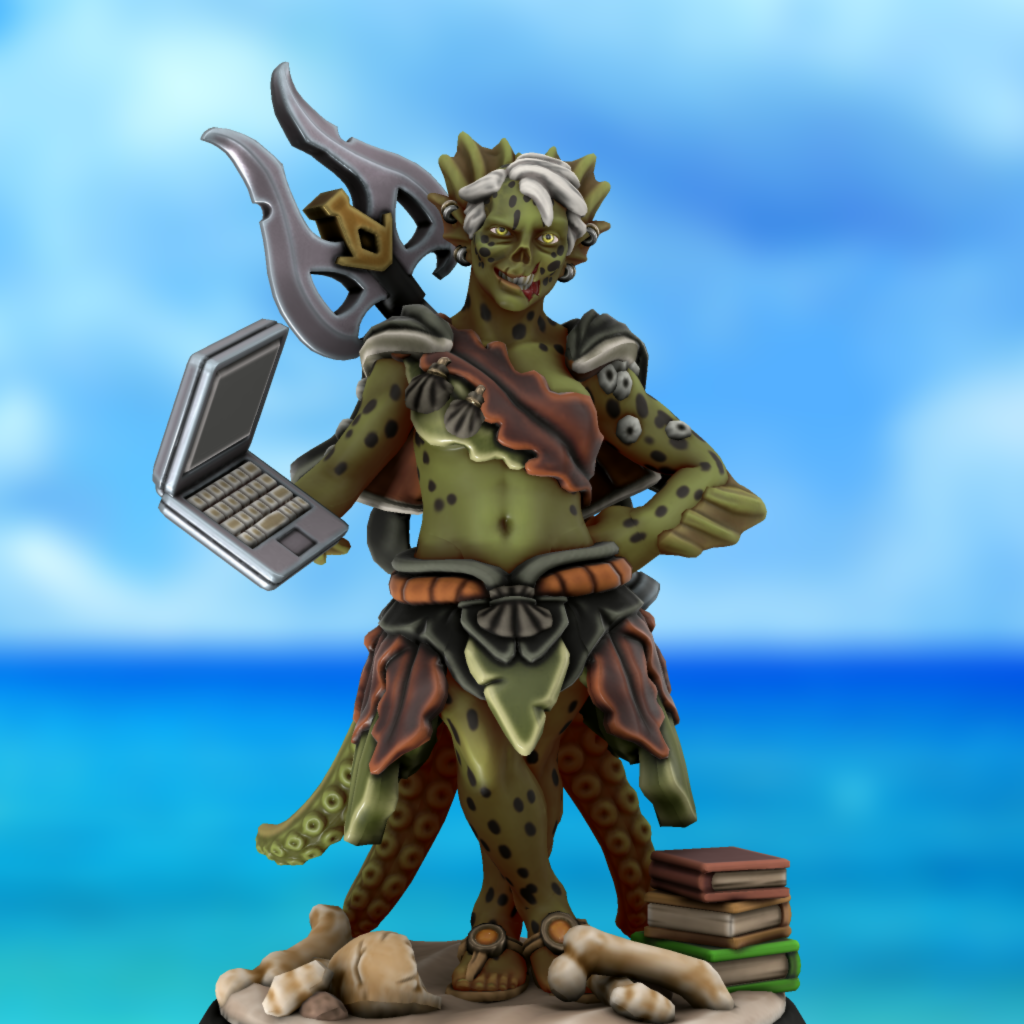 An aquatic zombie with tentacle tails, armed with a laptop and a double-headed axe