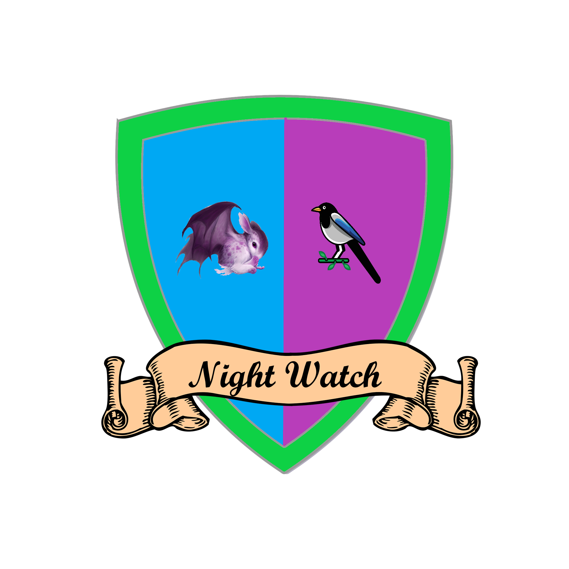 A coat of arms: green border, divided blue and purple field, with a dragonbunny and a magpie. Text in banner: Night Watch