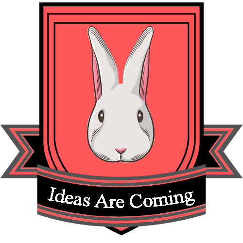 A salmon pink banner with a white rabbit head in the center. Text: 