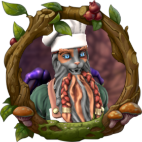 A bearded calico cat-person in a chef's hat, with dragon wings, in an underground setting and woodland frame