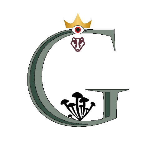 Royal Monogram of Crown Prince Galakrond of House Meles: A Meles green G, surmounted by a crown with a red eyeball, decorated with the Meles badger in maroon and black mushrooms