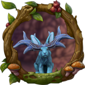 A blue rabbit with antlers in a woodland frame