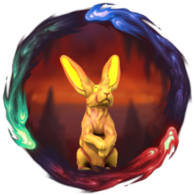 A fiery rabbit with glowing eyes, in a fiery background and frame