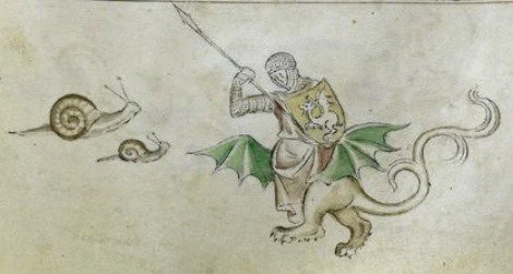 A knight riding a small dragon, fighting snails