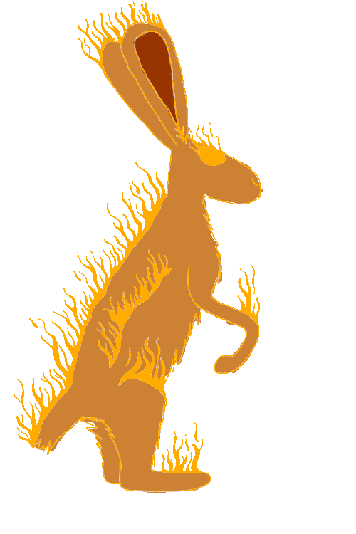 A jackrabbit on its hind legs, on fire