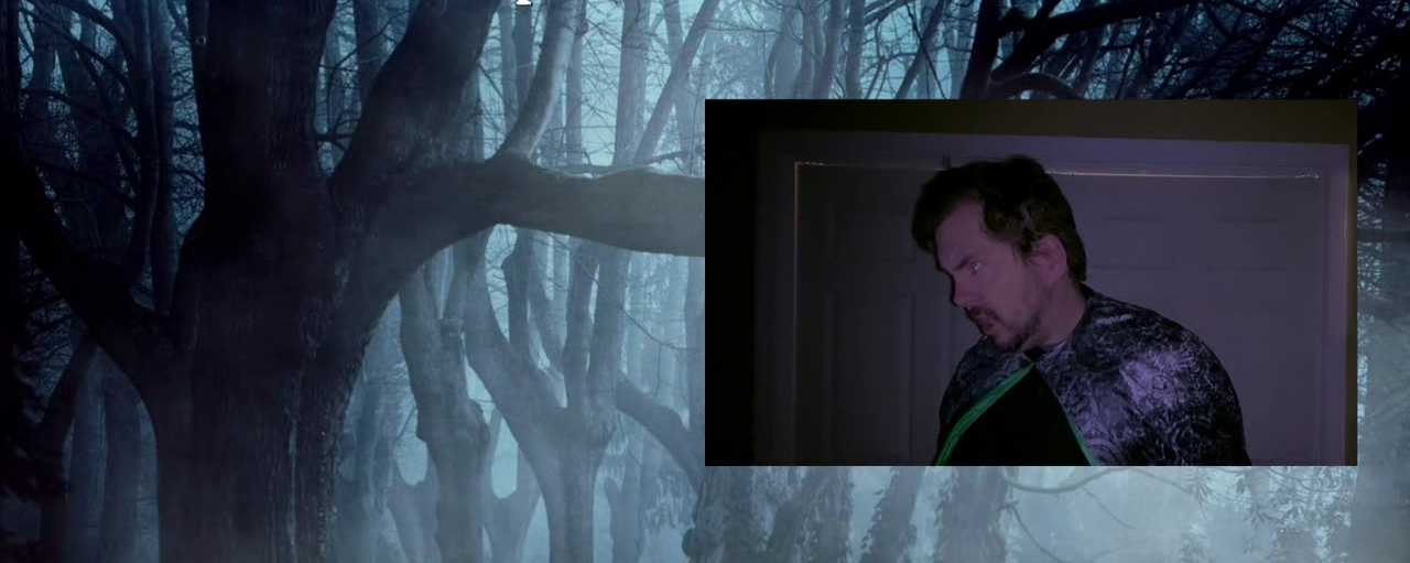 A man in a cloak, looking sinister, against a background of creepy trees