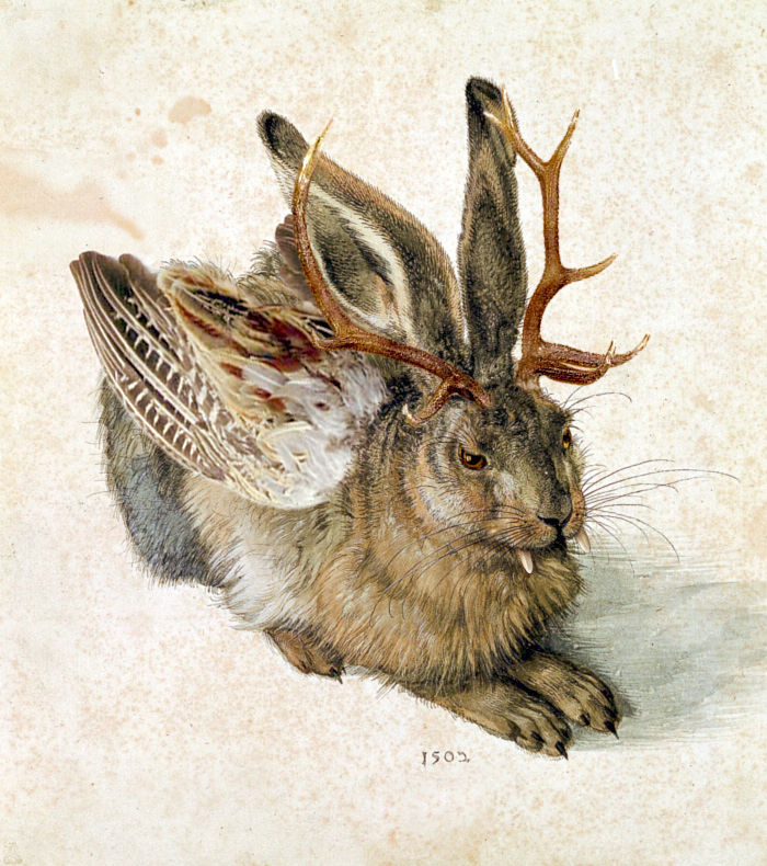 A rabbit with wings, antlers, and fangs from a 16th century manuscript